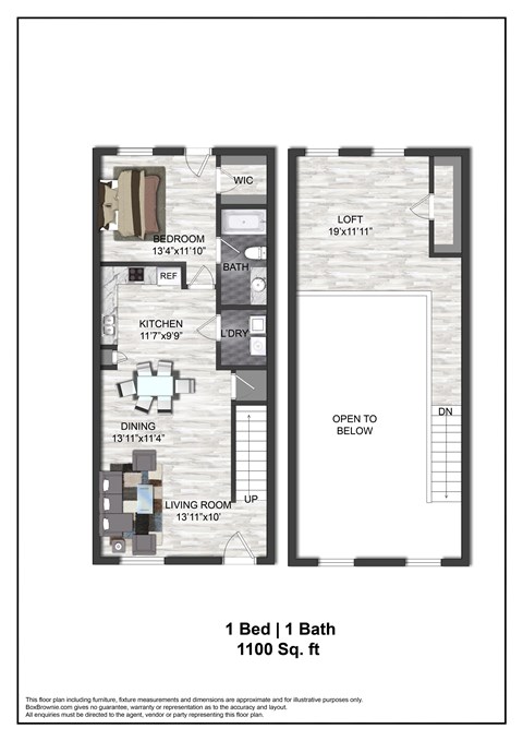 Floor plan for 1 bed, 1 bath, 1100 sqft